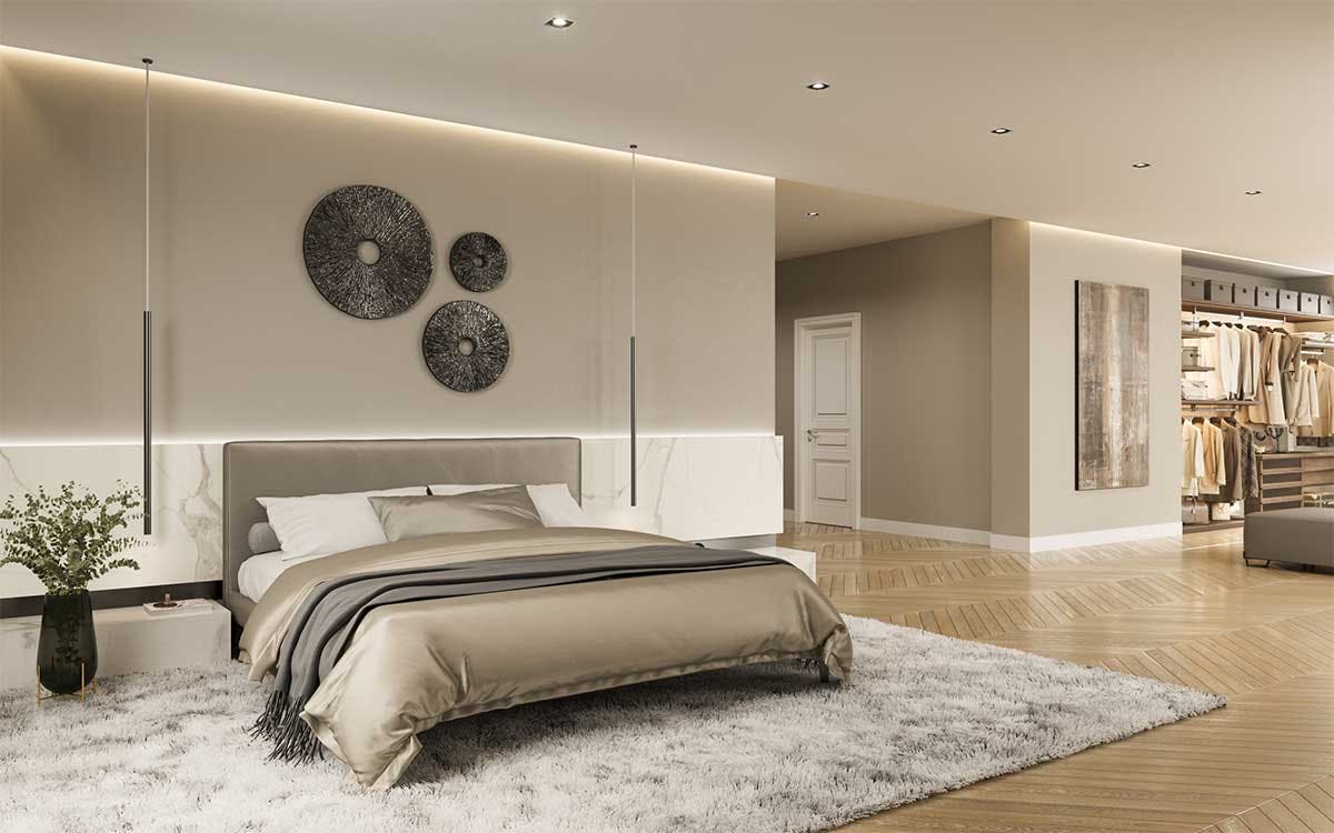 3D Immobilien Interior Visualisierung eines Schlafzimmers mit dem Gestaltungskonzept der historischen Immobilie in Berlin, Deutschland 