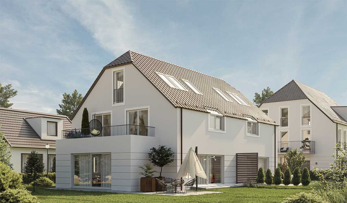 3D Immobilien Visualisierung des Hinterhofs des Reihen- und Doppelhauses in München.