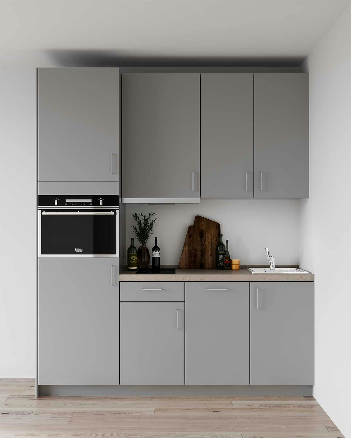3D Produktvisualisierung der grauen Küche in einer Wohnung in Frankfurt, Deutschland.