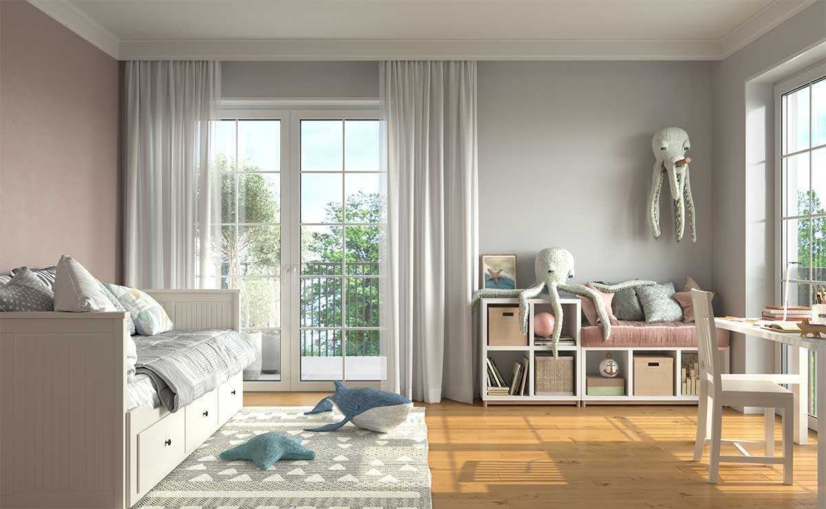 3D Immobilien Interior Visualisierung mit der Inneneinrichtung eines Kinderzimmers in einem Einfamilienhaus in Haar.