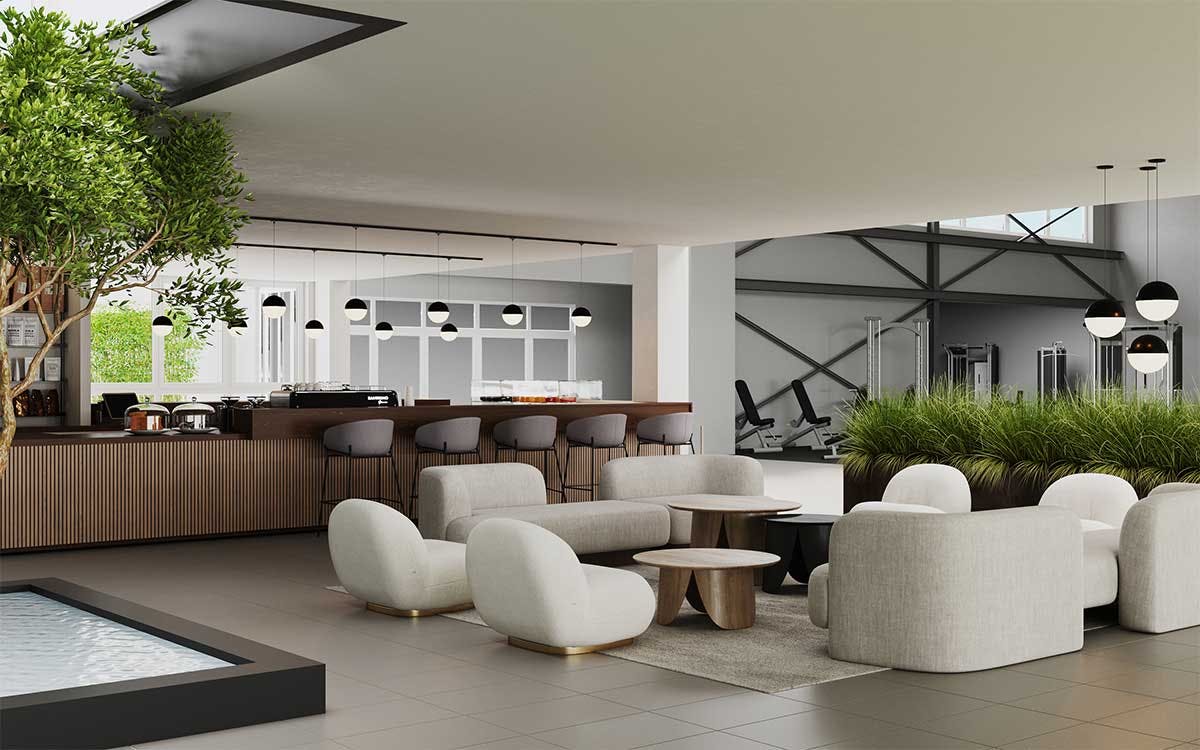 3D Immobilien Interieur Visualisierung mit der Innenarchitektur eines Lounge- und Fitnessbereichs in einem Spa in München.