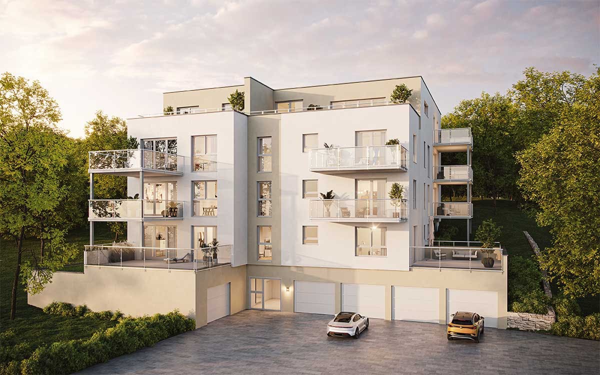 3D Immobilien Exterieur Visualisierung des Mehrfamilienhauses mit Wohnungen mit Stellplatz in Deutschland.