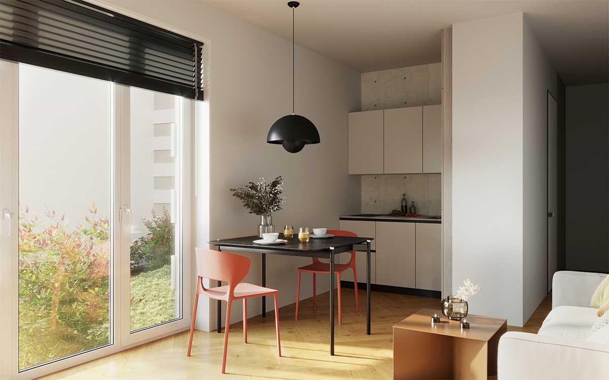 3D Innenraumvisualisierung mit dem Gestaltungskonzept einer Küche und eines Wohnraums einer Wohnung in Erlangen.