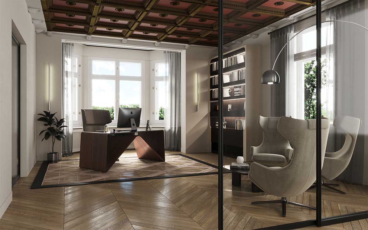 3D Interior Visualisierung mit dem Gestaltungskonzept der Büroräume der historischen Immobilie in Berlin