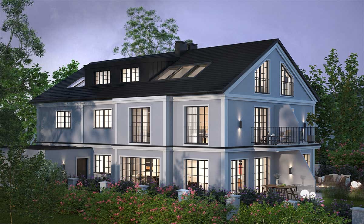 3D Immobilien Exterieur Visualisierung einer Seitenansicht eines Zweifamilienhauses mit Hinterhof in Düsseldorf.