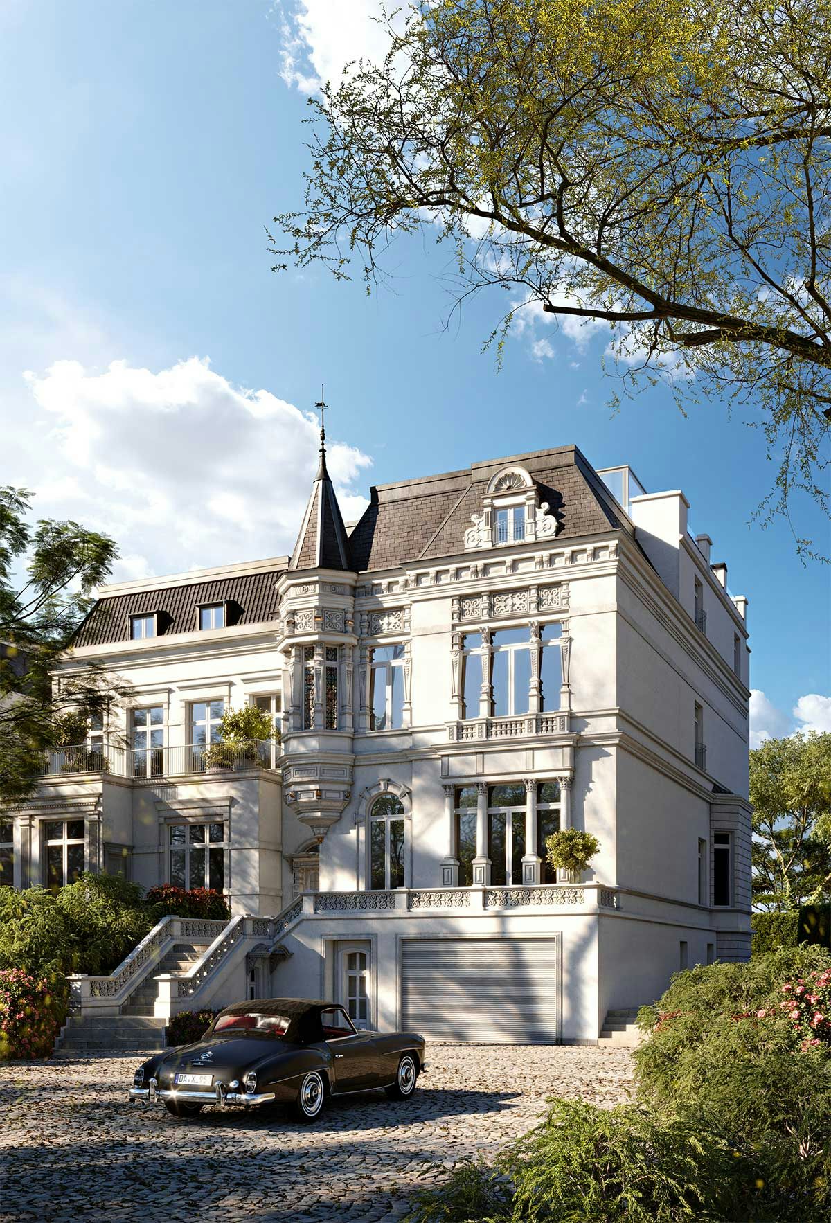 3D Immobilien Außenvisualisierung der historischen Immobilie in Hamburg, Deutschland. Bild 01