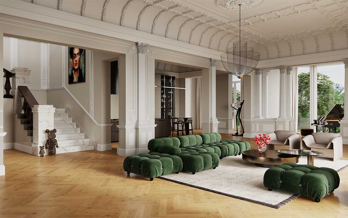 3D Immobilien Innenvisualisierung mit dem Gestaltungskonzept eines Wohnzimmers mit Treppenhaus und Küche des historischen Gebäudes in Hamburg, Deutschland 