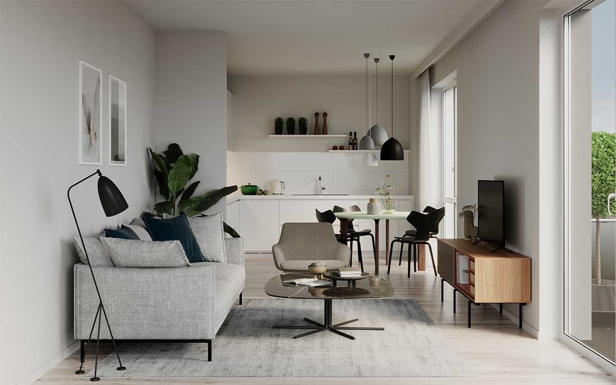 3D-Interieur Visualisierung mit dem Einrichtungskonzept eines Wohnzimmers mit Essbereich und Küche in der Wohnung in einem Neubau in München, Deutschland.