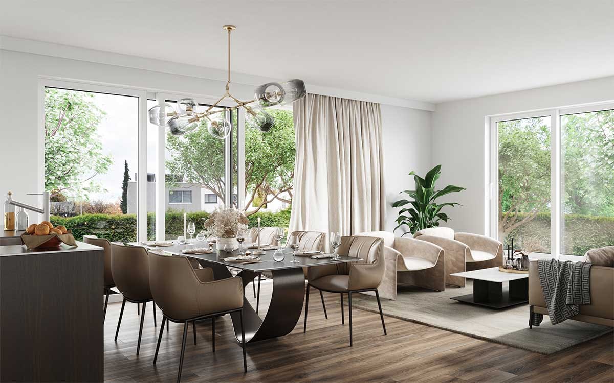 3D Immobilien Interior Visualisierung mit dem Gestaltungskonzept eines Wohnzimmers mit Küche in einem Reihenthaus in München.