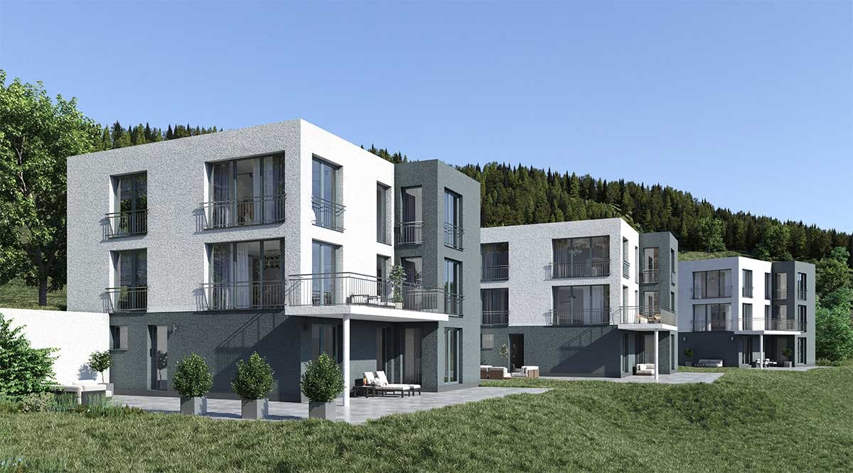 3D-Außenansicht Visualisierung der privaten Einfamilienhausanlage in Deutschland im Tageslicht. Bild 02