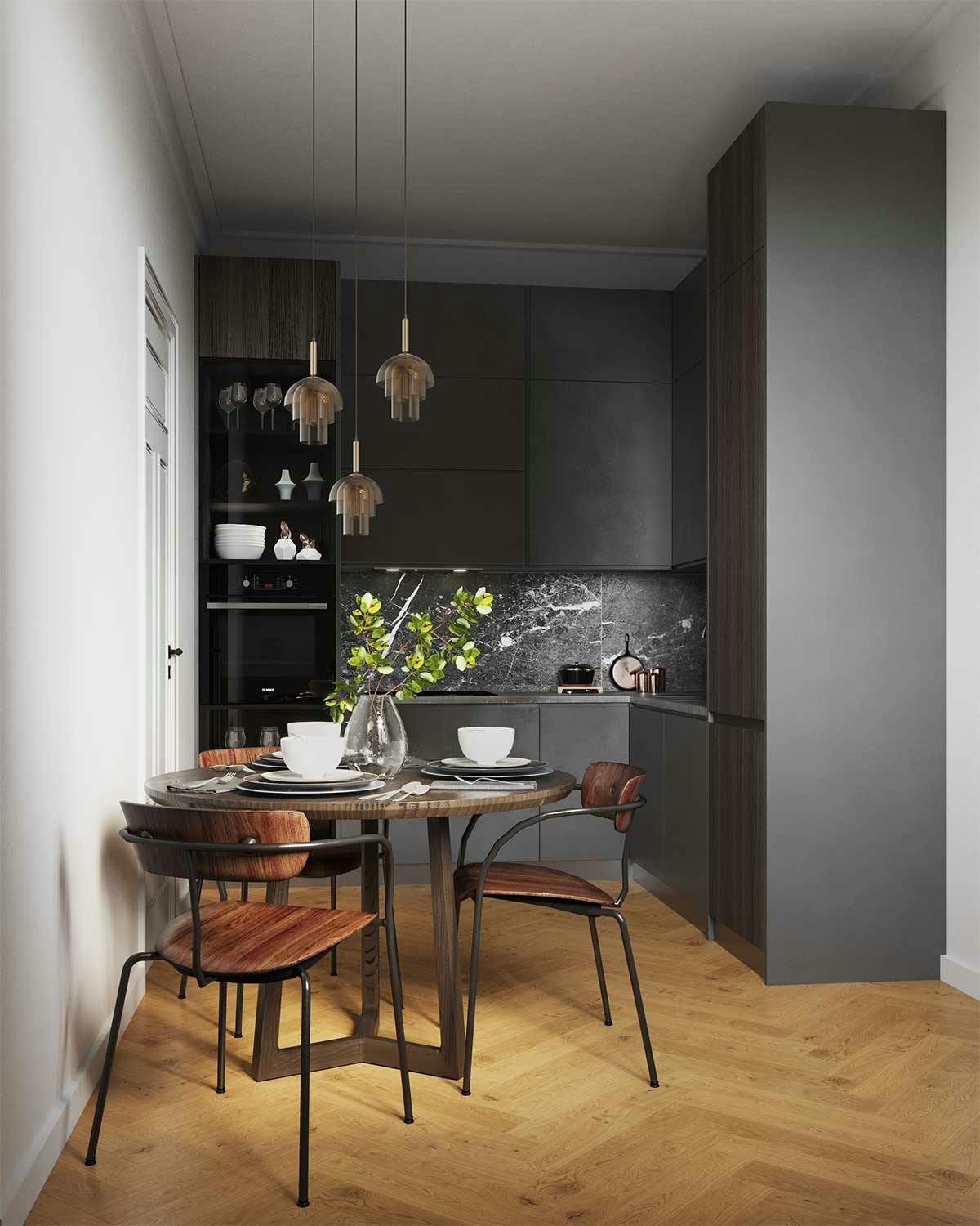 3D-Visualisierung des Interieurs und des Produkts mit dem Einrichtungskonzept einer anthrazitfarbenen Küche in einem Altbau in Köln, Deutschland.