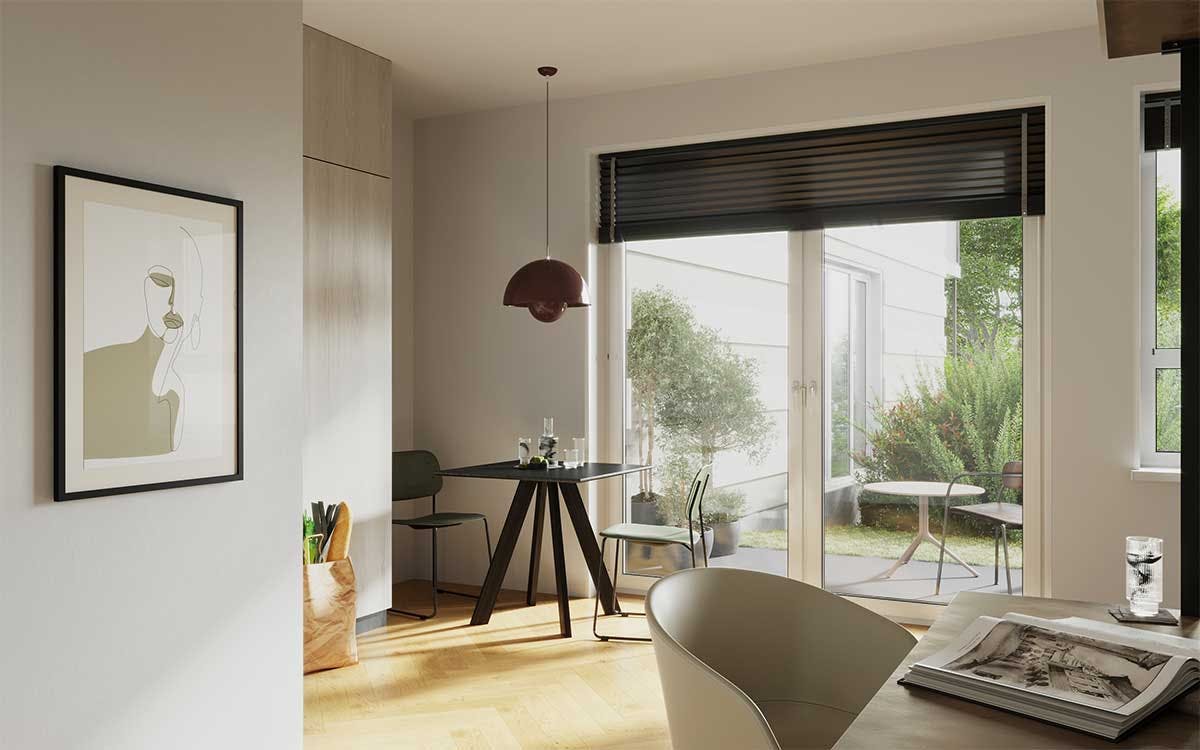 3D Innenraumvisualisierung mit dem Gestaltungskonzept einer Küche und eines Arbeitsraums einer Wohnung in Erlangen.