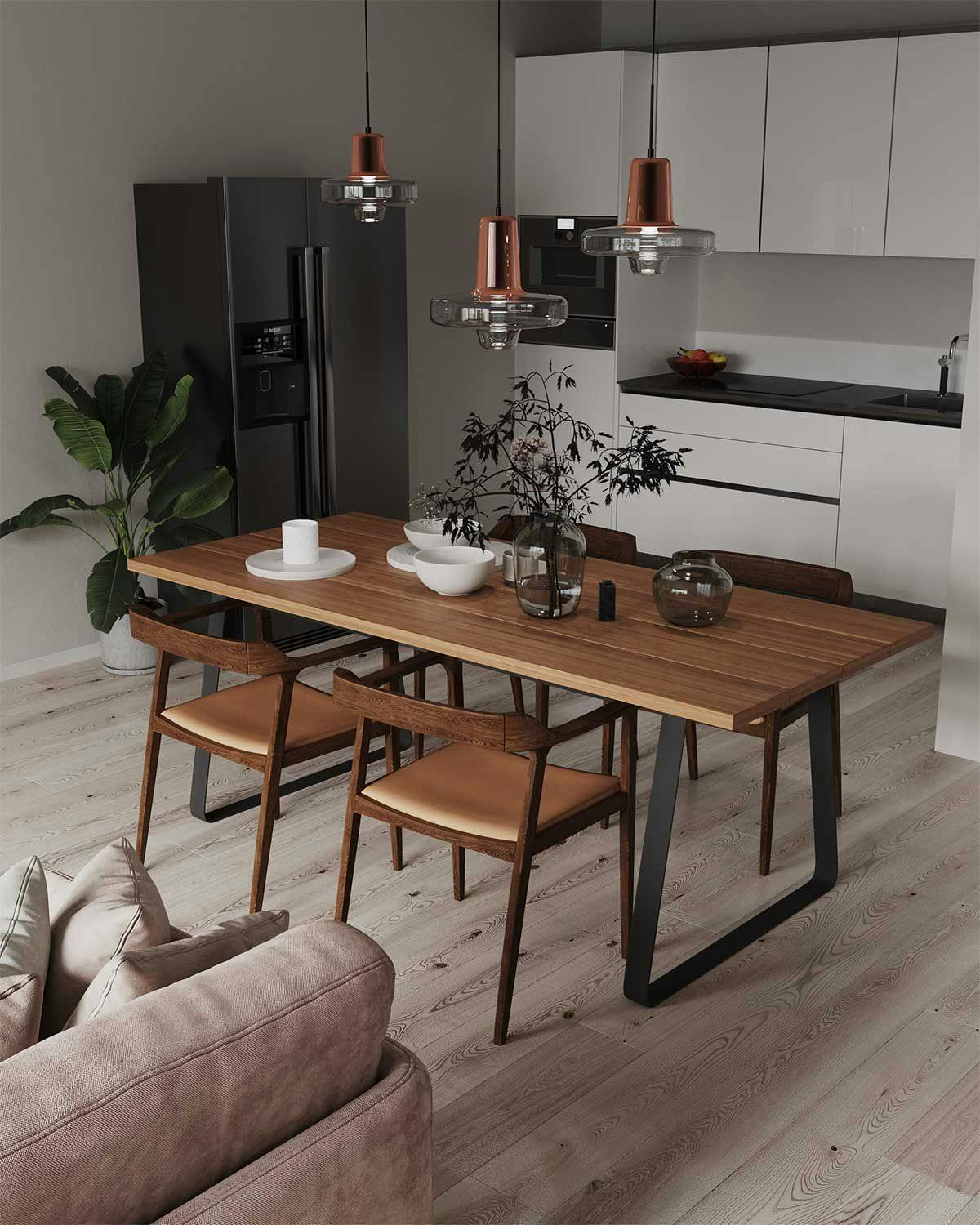 3D Interior Visualisierung mit der Inneneinrichtung eines Esszimmers mit Küche der Immobilie in Berlin.