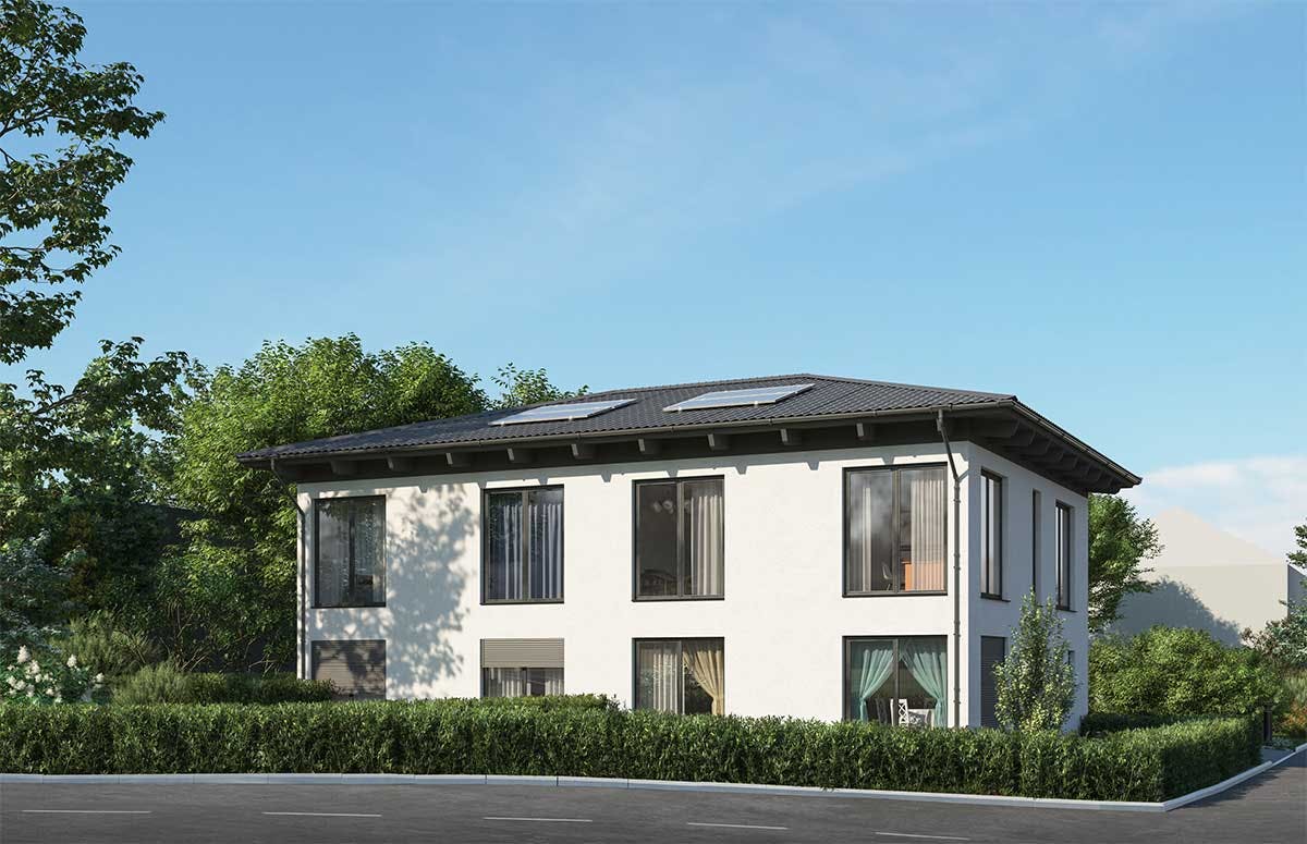 3D Außenvisualisierung einer Doppelhaus Immobilie in Deutschland.