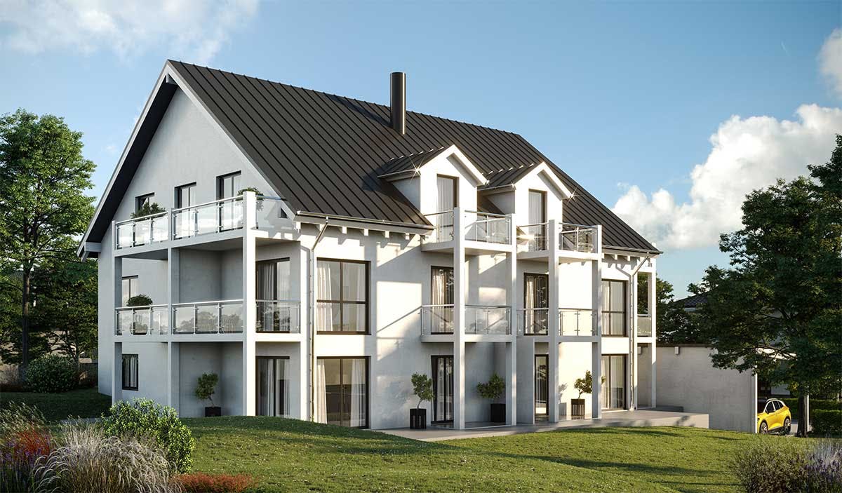 3D Immobilien Exterieur Visualisierung des Mehrfamilienhaus Neubaus mit Stellplätzen und Hinterhof in Deutschland.