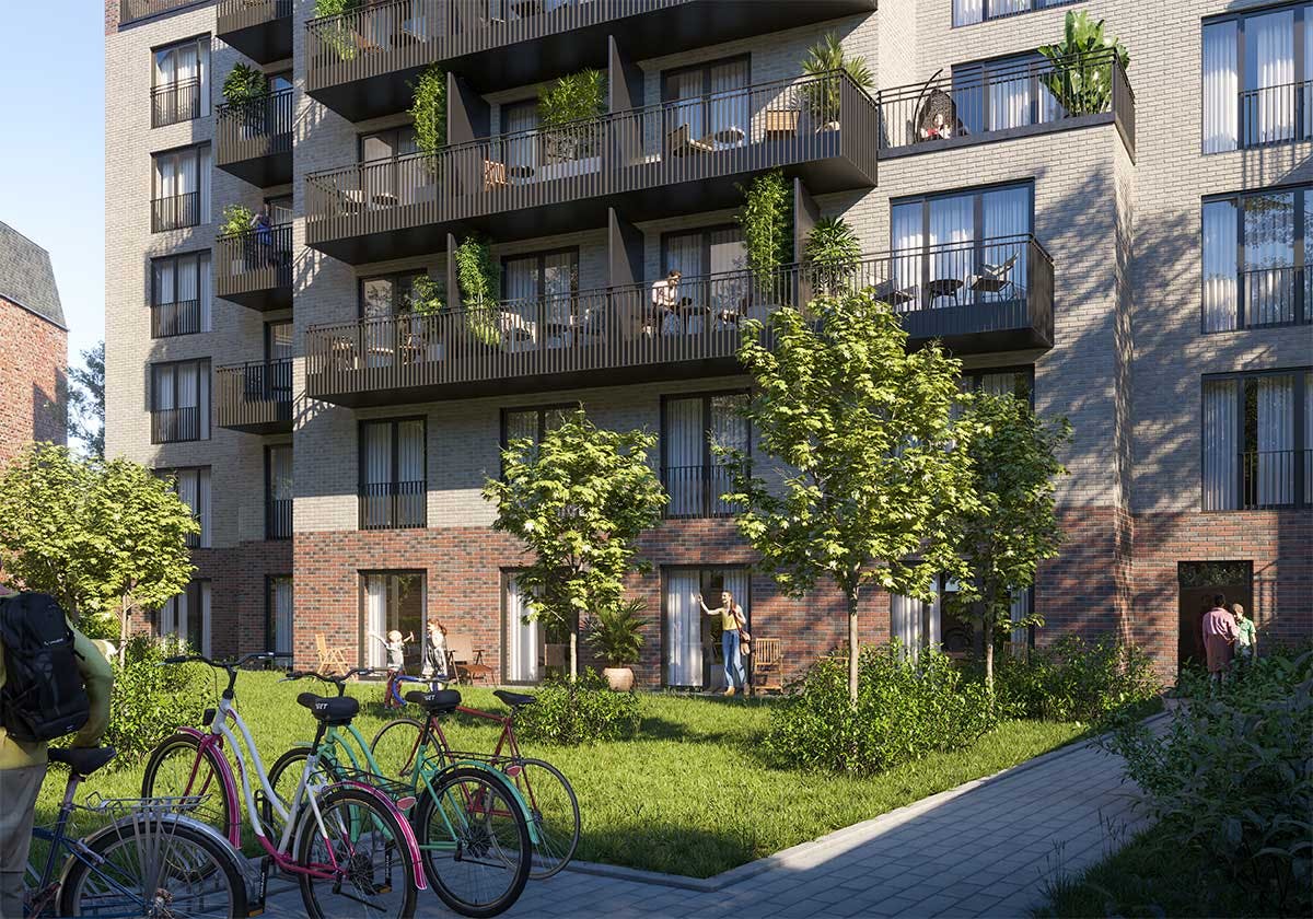 3D Immobilien Visualisierung des Hinterhofes eines Neubaus mit kleinen Familienwohnungen in Hamburg, Deutschland.