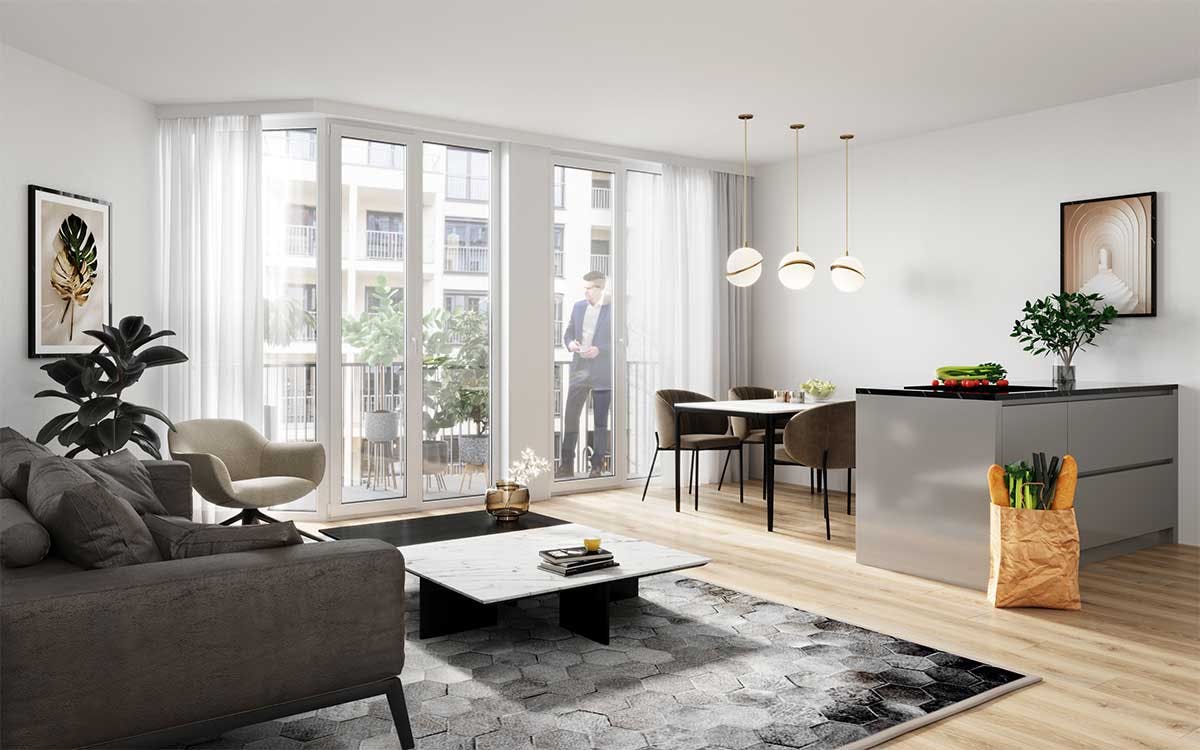 3D Immobilien Innenraumvisualisierung mit der Inneneinrichtung einer Küche und eines Wohnzimmers in einer Wohnung mit Balkon in Berlin, Deutschland.