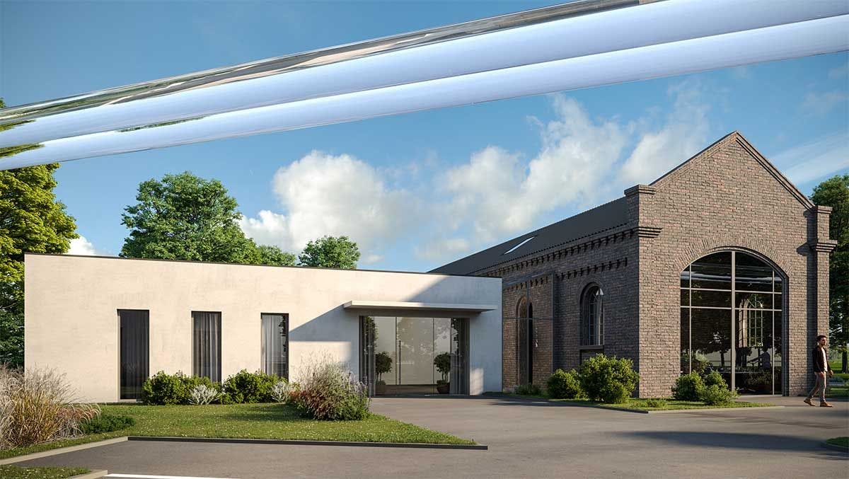 3D Immobilien Exterieur Visualisierung der Coworking Spaces im Altbau mit Umbau und Neubau in Deutschland.