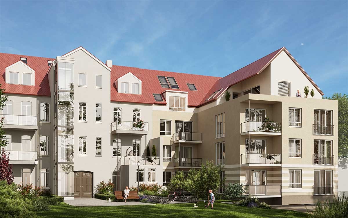 3D Immobilien Außen Visualisierung eines Mehrfamilienhauses mit großem Garten und Fahrradabstellplatz in Köln.