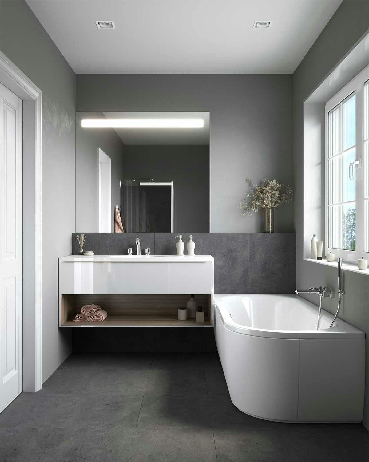 3D Interior Visualisierung mit dem Gestaltungskonzept eines Badezimmers in einem privaten Doppelhaus in Haar.
