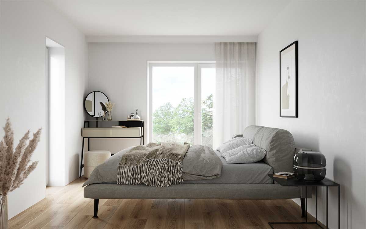 3D Immobilien Innenraumvisualisierung mit dem Gestaltungskonzept eines Schlafzimmers in einem Doppelhaus in Deutschland.