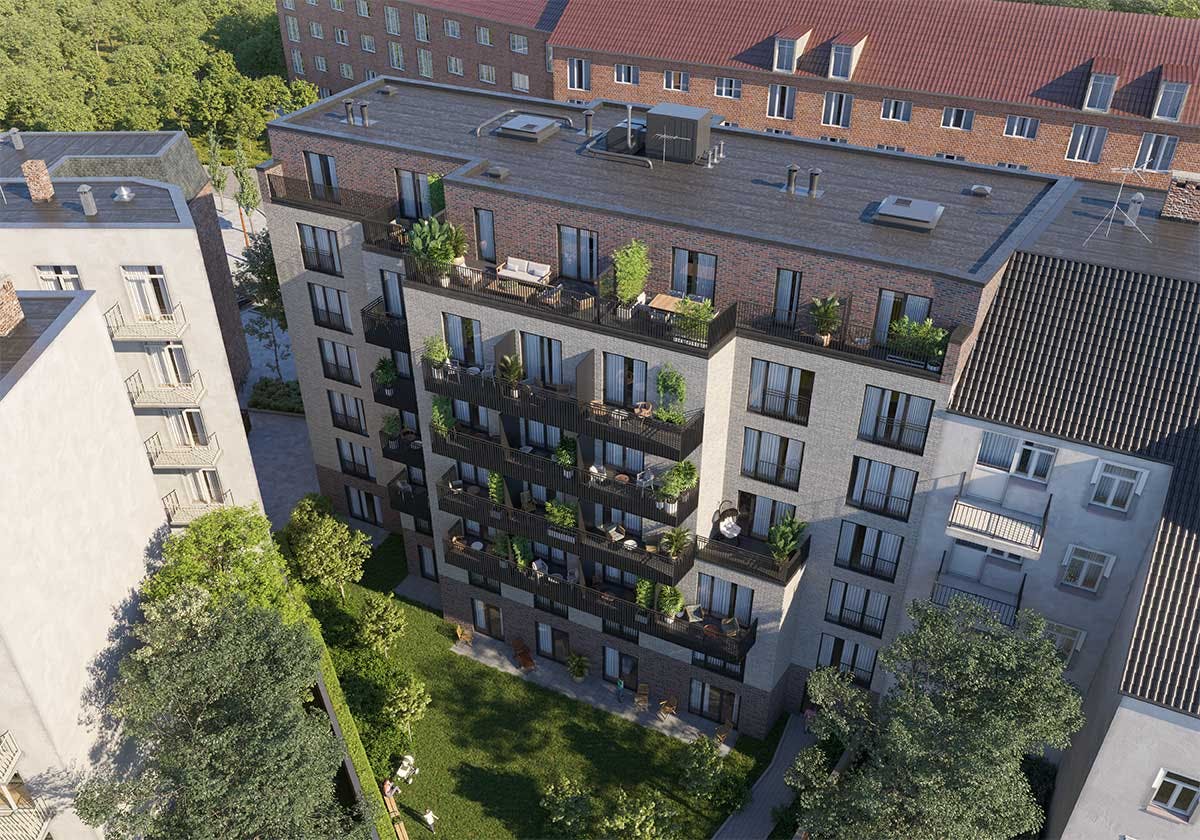 3D Immobilien Visualisierung der Rückansicht eines Neubaus mit kleinen Wohnungen in Hamburg bei Tageslicht.