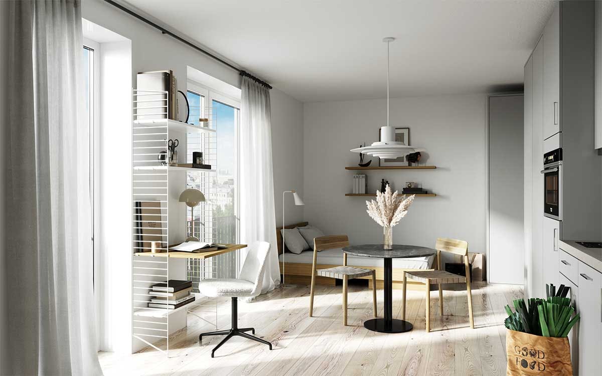 3D Visualisierung von Küche und Wohnzimmer in einem Mehrfamilienhaus in Hamburg. Bild 01