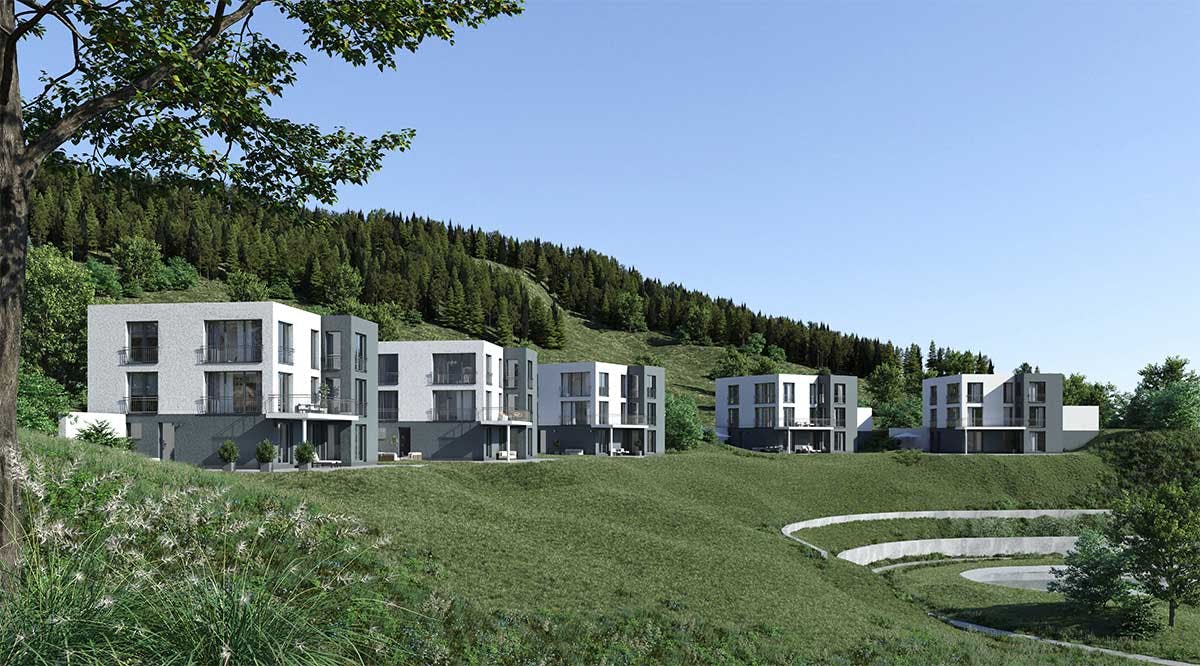 3D-Außenansicht Visualisierung der privaten Einfamilienhausanlage in Deutschland im Tageslicht. Bild 01