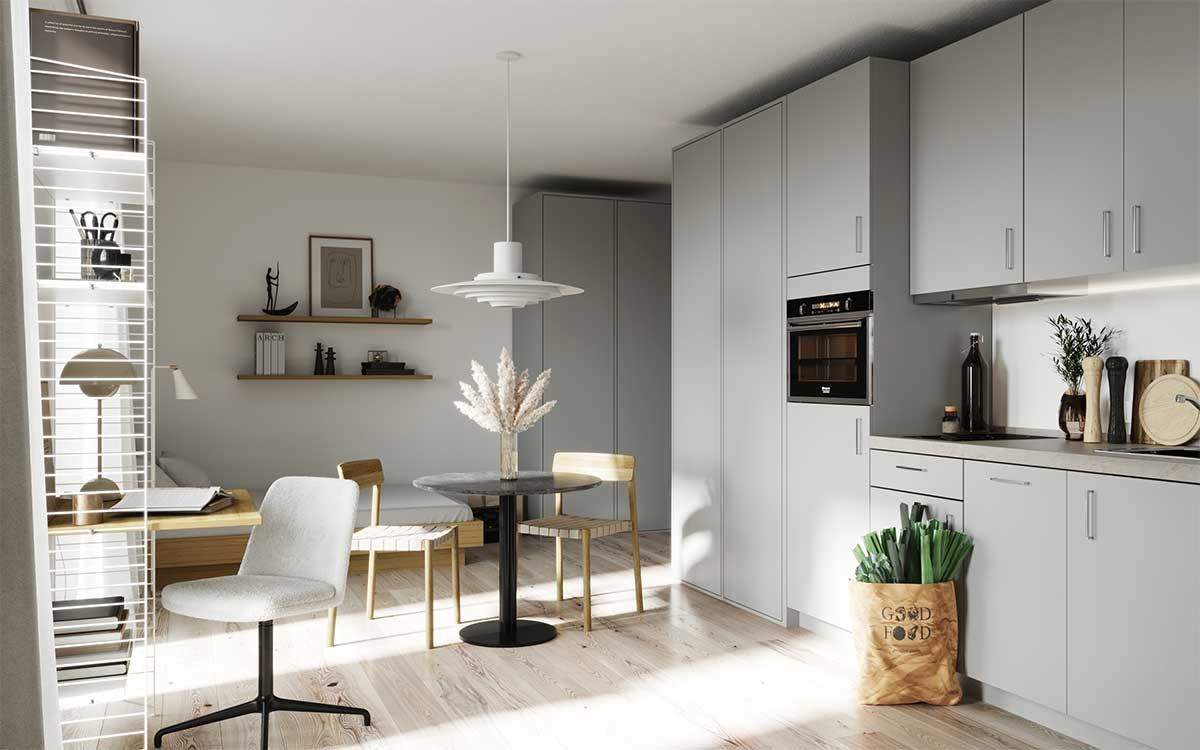 3D Produkt- und Innenvisualisierung der grauen Küche in einer Neubauwohnung in Frankfurt, Deutschland.