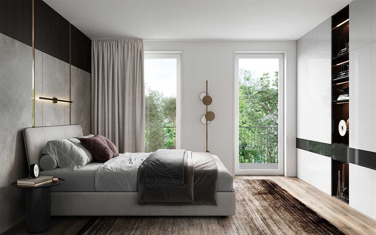 3D Immobilien Interior Visualisierung mit dem Gestaltungskonzept eines Schlafzimmers in einem Doppelthaus in München.