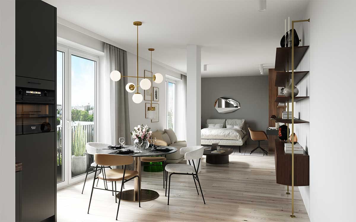 3D Visualisierung von Küche und Wohnzimmer des Penthouses in einem Mehrfamilienhaus in Hamburg. Bild 01