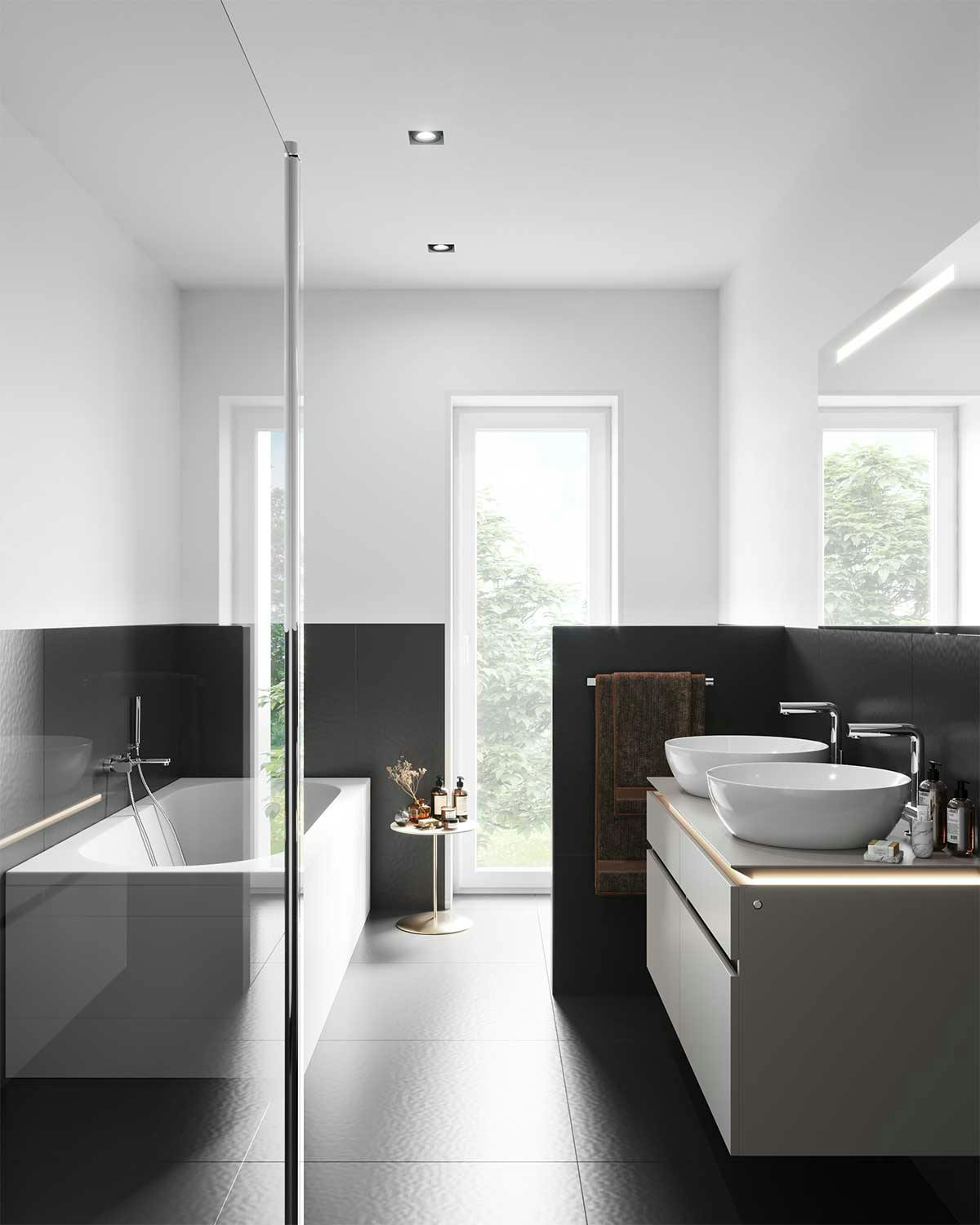 3D Immobilien Interior Visualisierung mit dem Gestaltungskonzept eines Badezimmers in einem Doppelhaus in Deutschland.