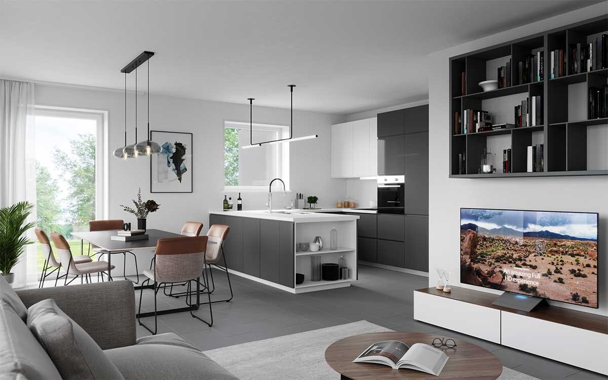 3D Immobilien Innenvisualisierung mit dem Einrichtungskonzept eines Wohnzimmers mit Essbereich und Küche in der Wohnung in einem Neubau in Dortmund, Deutschland.