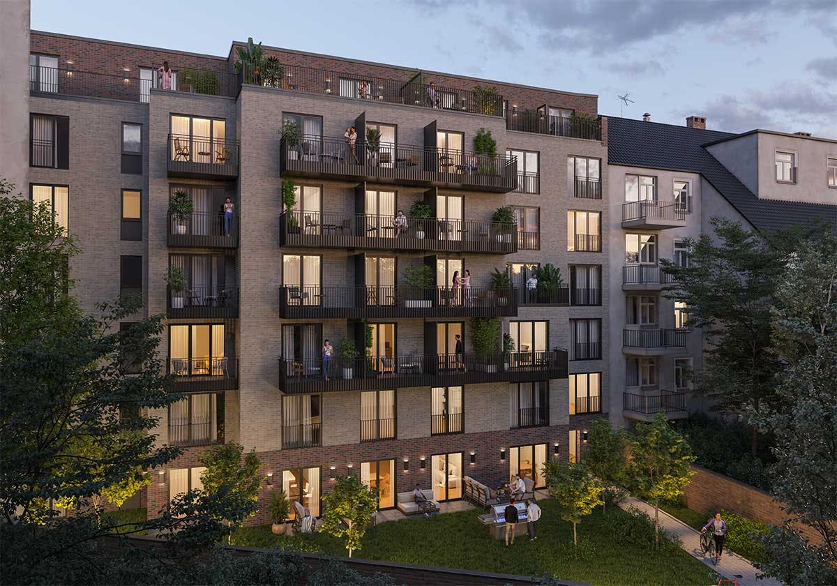 3D Immobilien Visualisierung der Rückansicht eines Neubaus mit kleinen Wohnungen in Hamburg in der Dämmerung.
