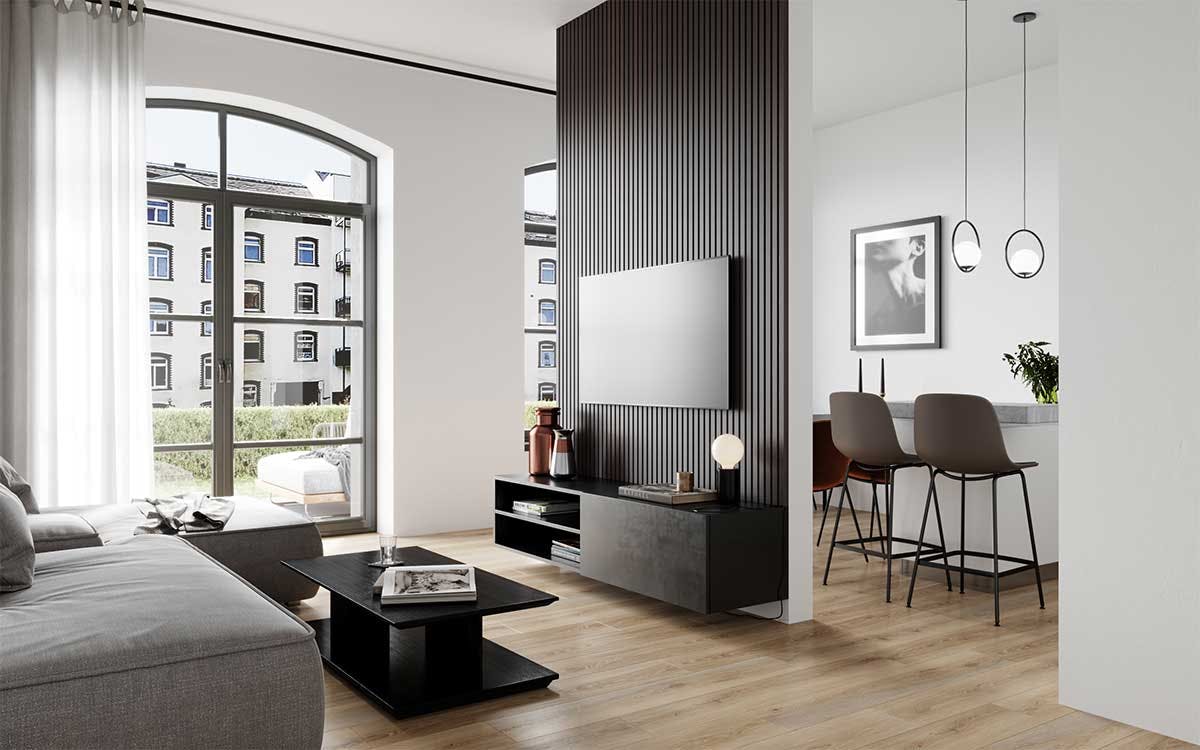 3D Immobilien Innenraumvisualisierung mit der Inneneinrichtung einer Küche und eines Wohnzimmers in einer sanierten Altbauwohnung mit Terrasse in Deutschland.