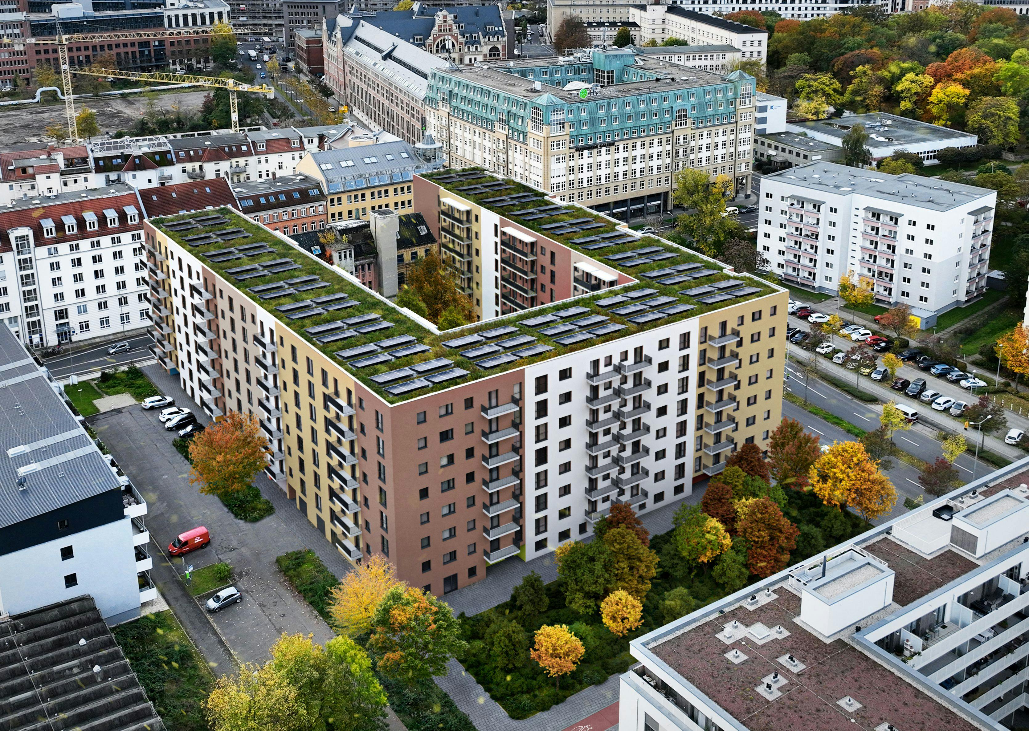 3D Architekturvisualisierung des Mehrfamilienhauskomplex mit Hinterhof in Leipzig, Deutschland