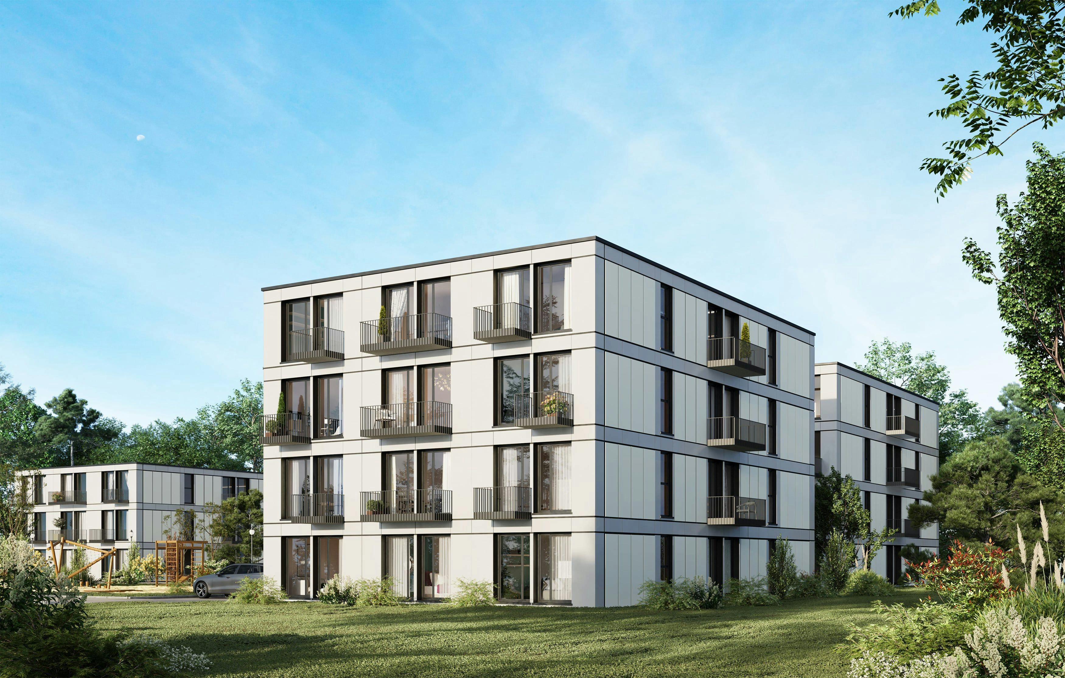 3D Außenvisualisierung eines Komplexes vorgefertigter modularer Mehrfamilienhäuser in Deutschland