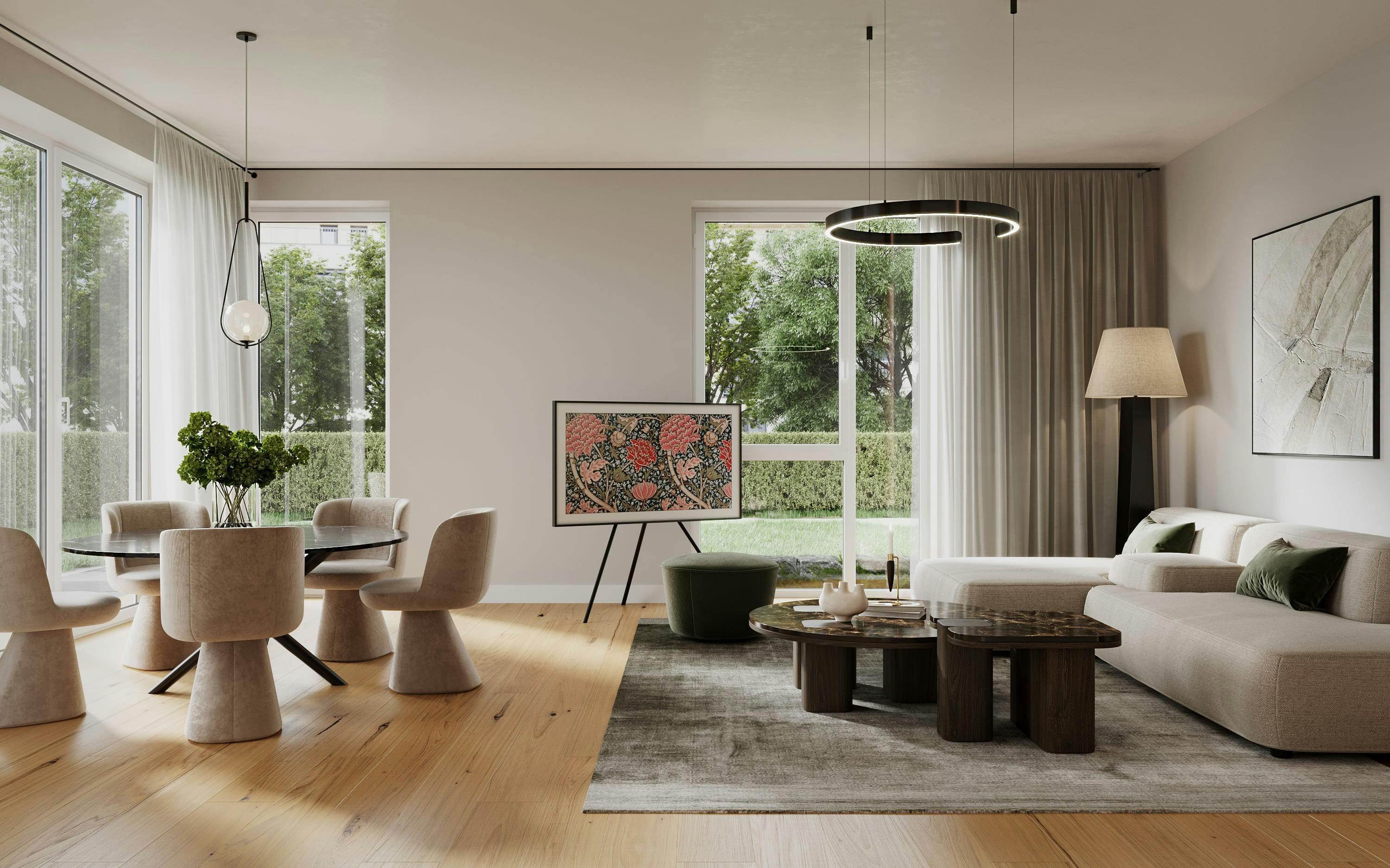 3D Architektur Innenvisualisierung eines Wohnzimmers mit Garten in einem Mehrfamilienhaus, Hamburg, Deutschland