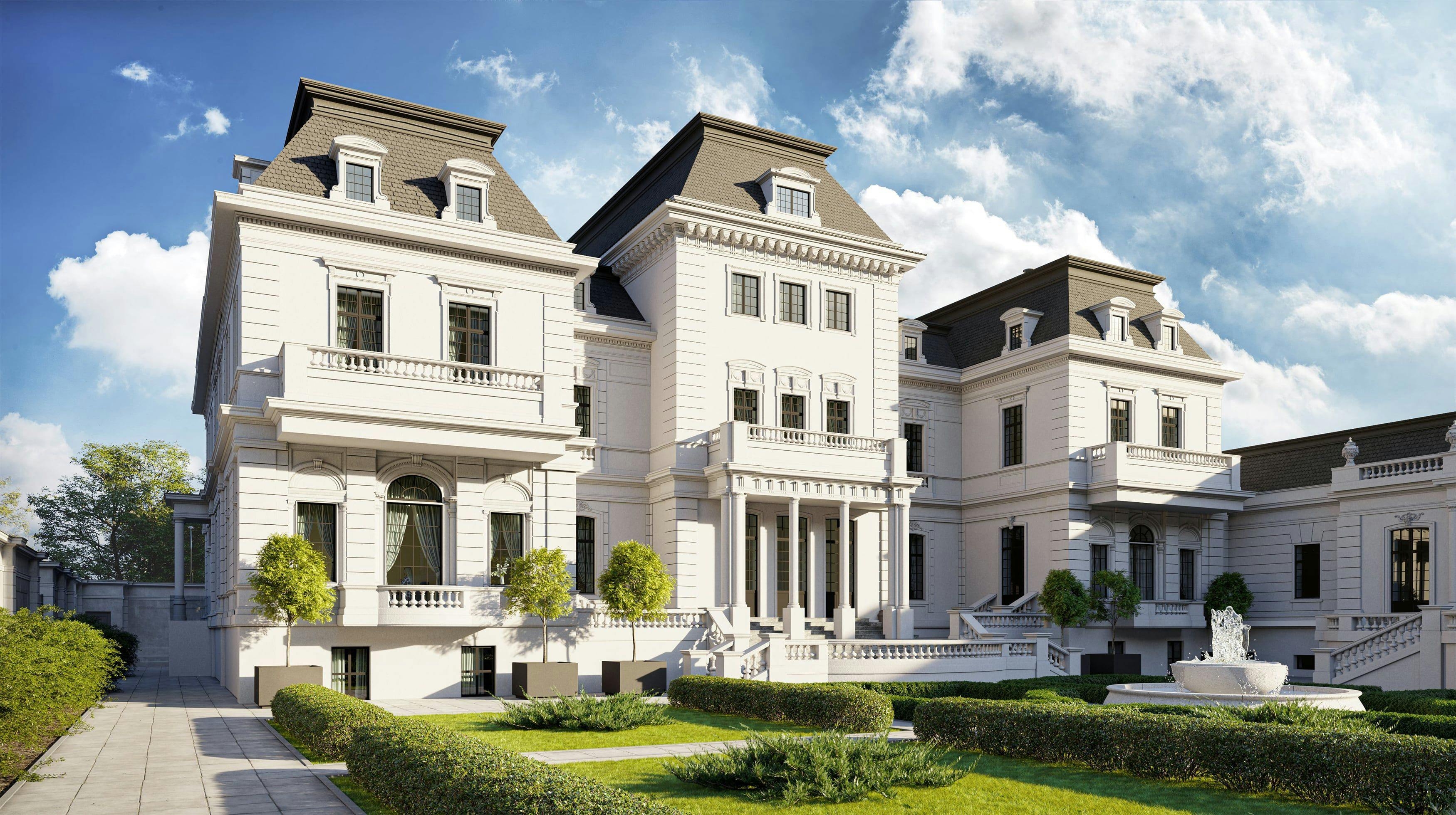 3D Architektur Außenvisualisierung des klassischen privaten Herrenhauses mit französischem Garten in Potsdam, Deutschland