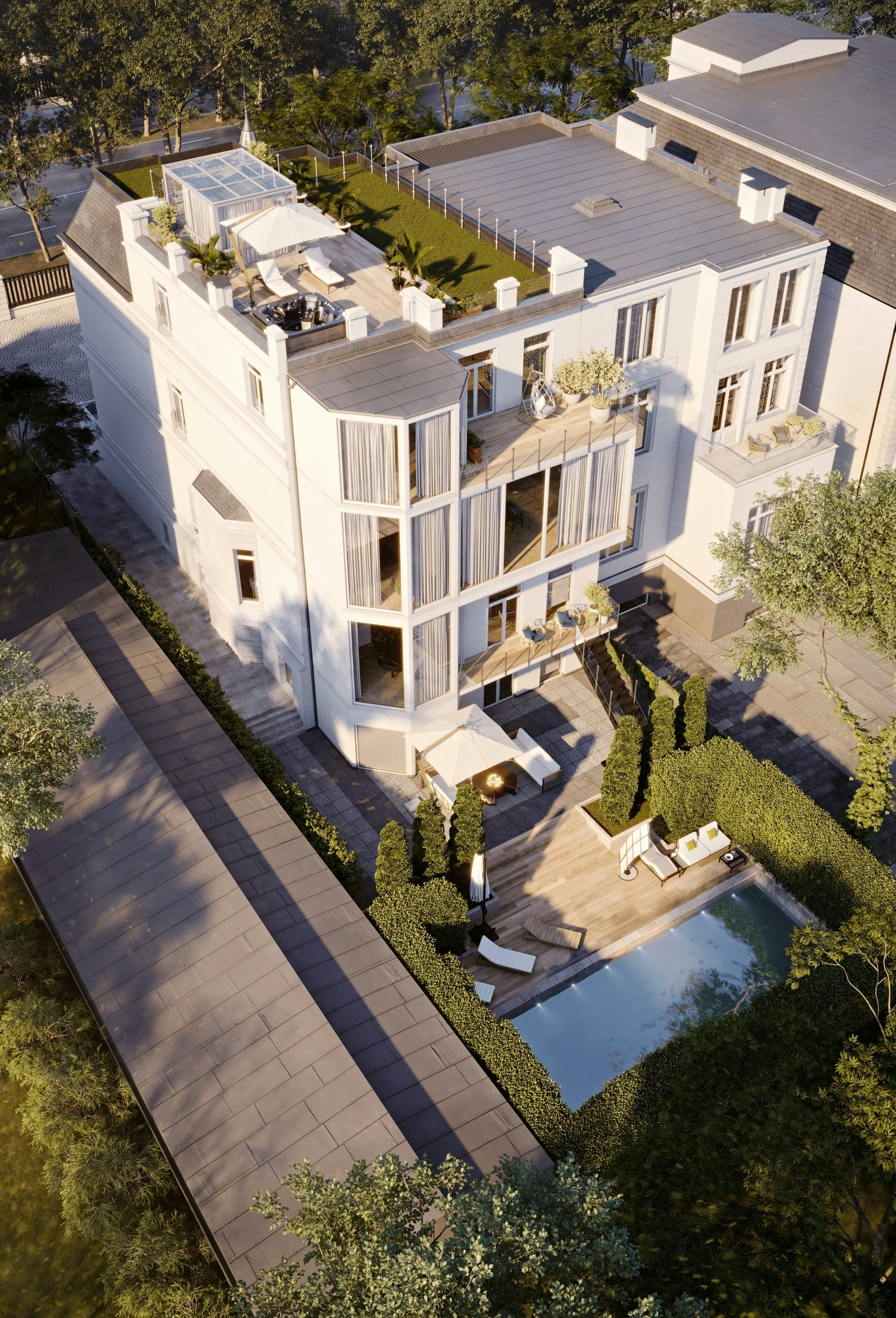 3D Exterior Visualization of private villa with backyard and pool in Hamburg, Germany