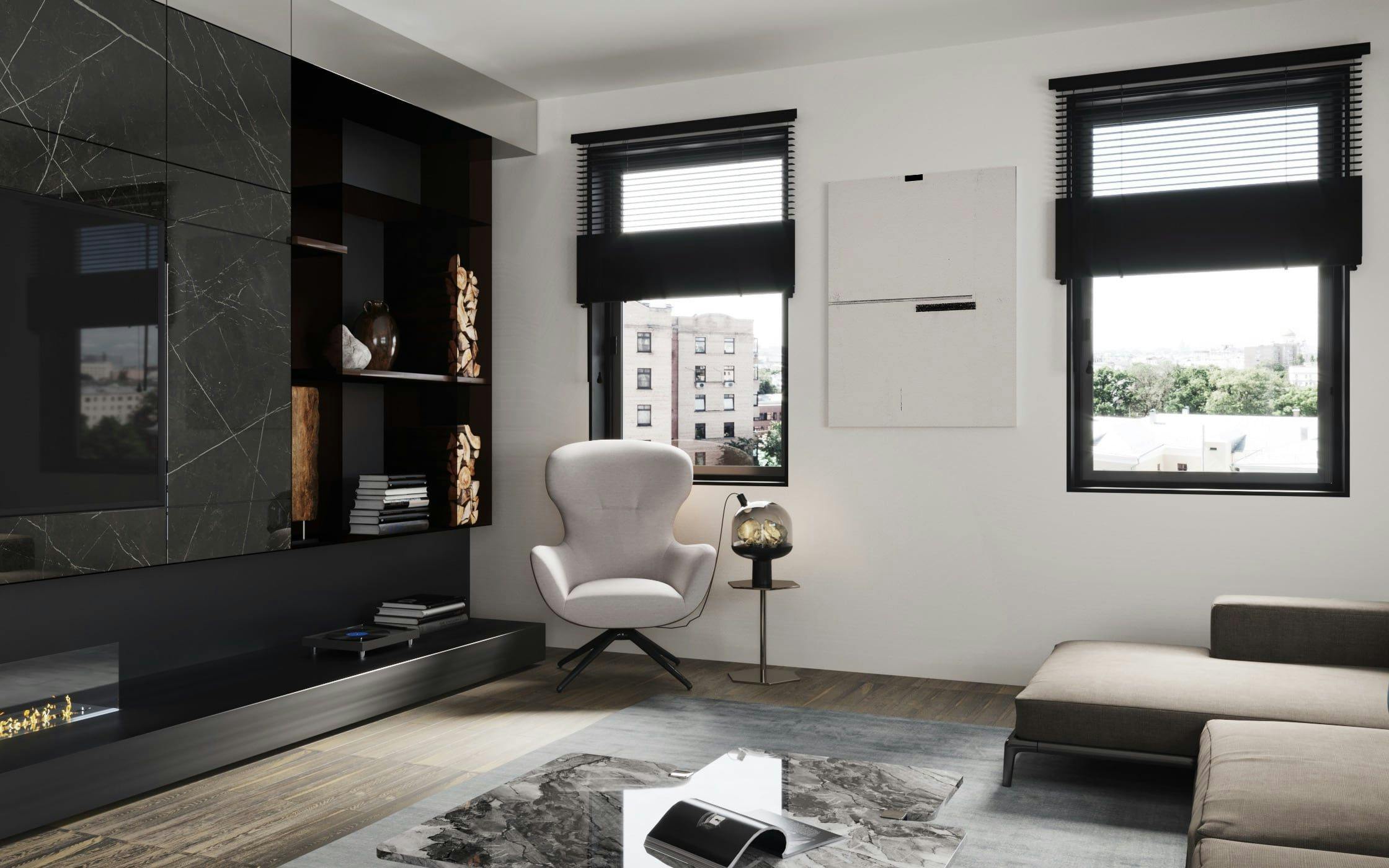 3D Innen Visualisierung eines minimalistischen Wohnzimmers in einer Berliner Wohnung