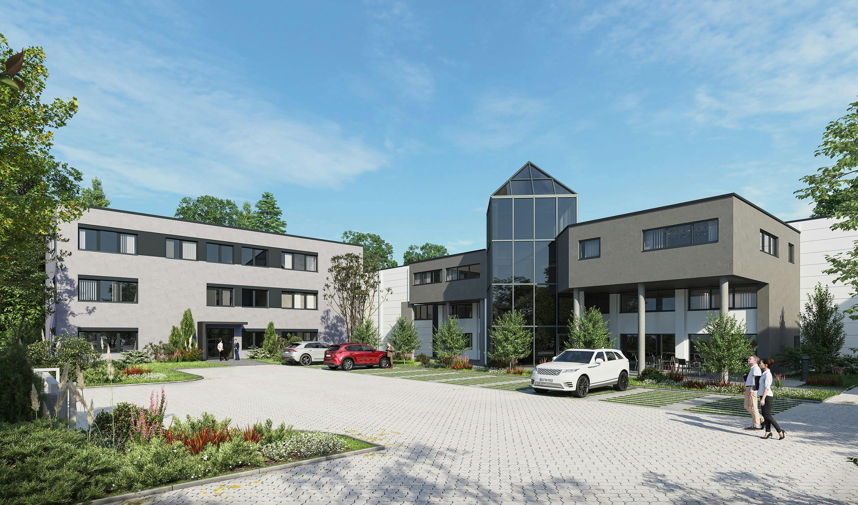 3D Architekturvisualisierung der Renovierung des Bürogebäudes mit mehreren Lagerflächen in Lemgo, Deutschland