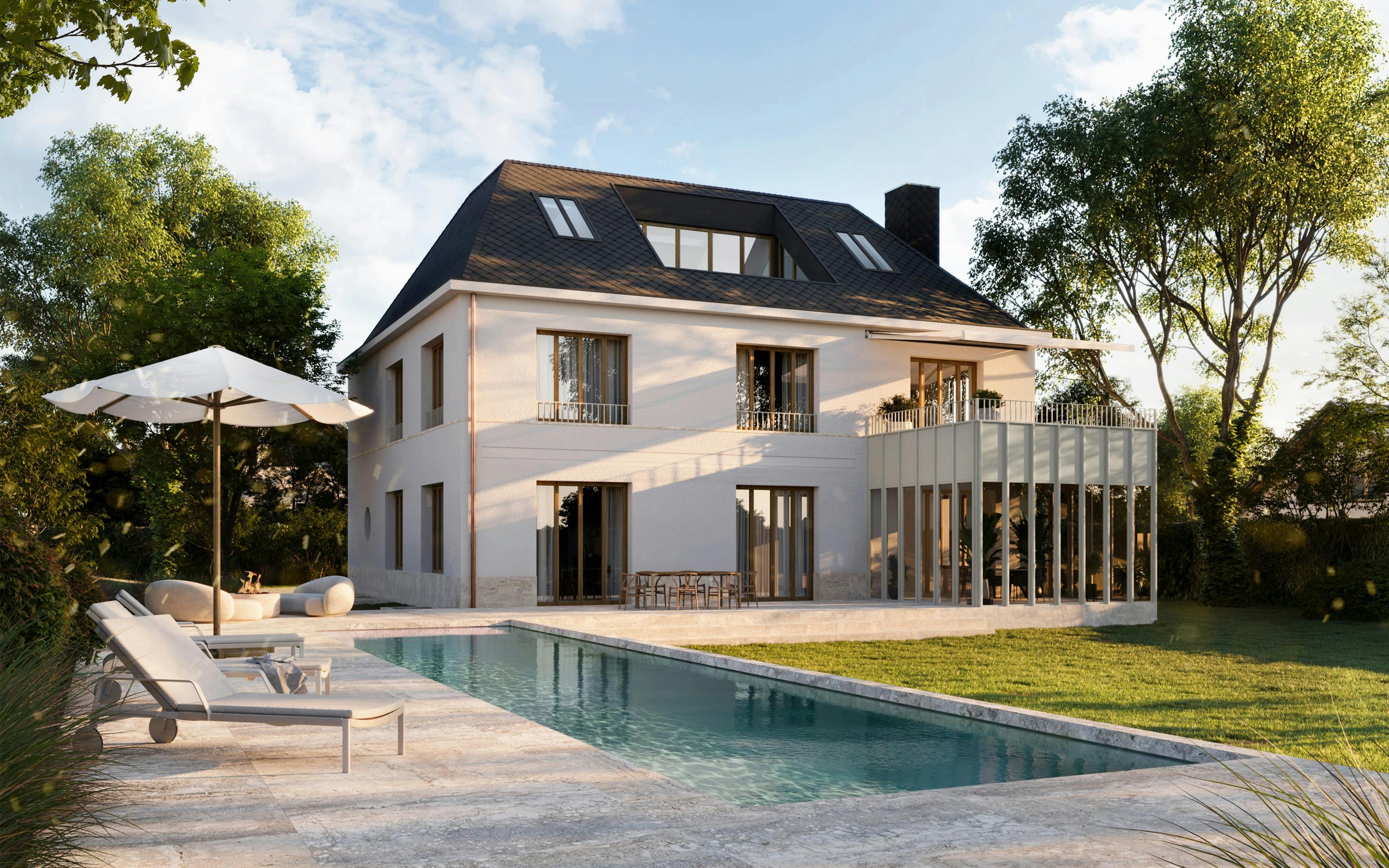 3D Architekturvisualisierung eines privaten, eleganten Hauses mit Pool und Fassadenvarianten