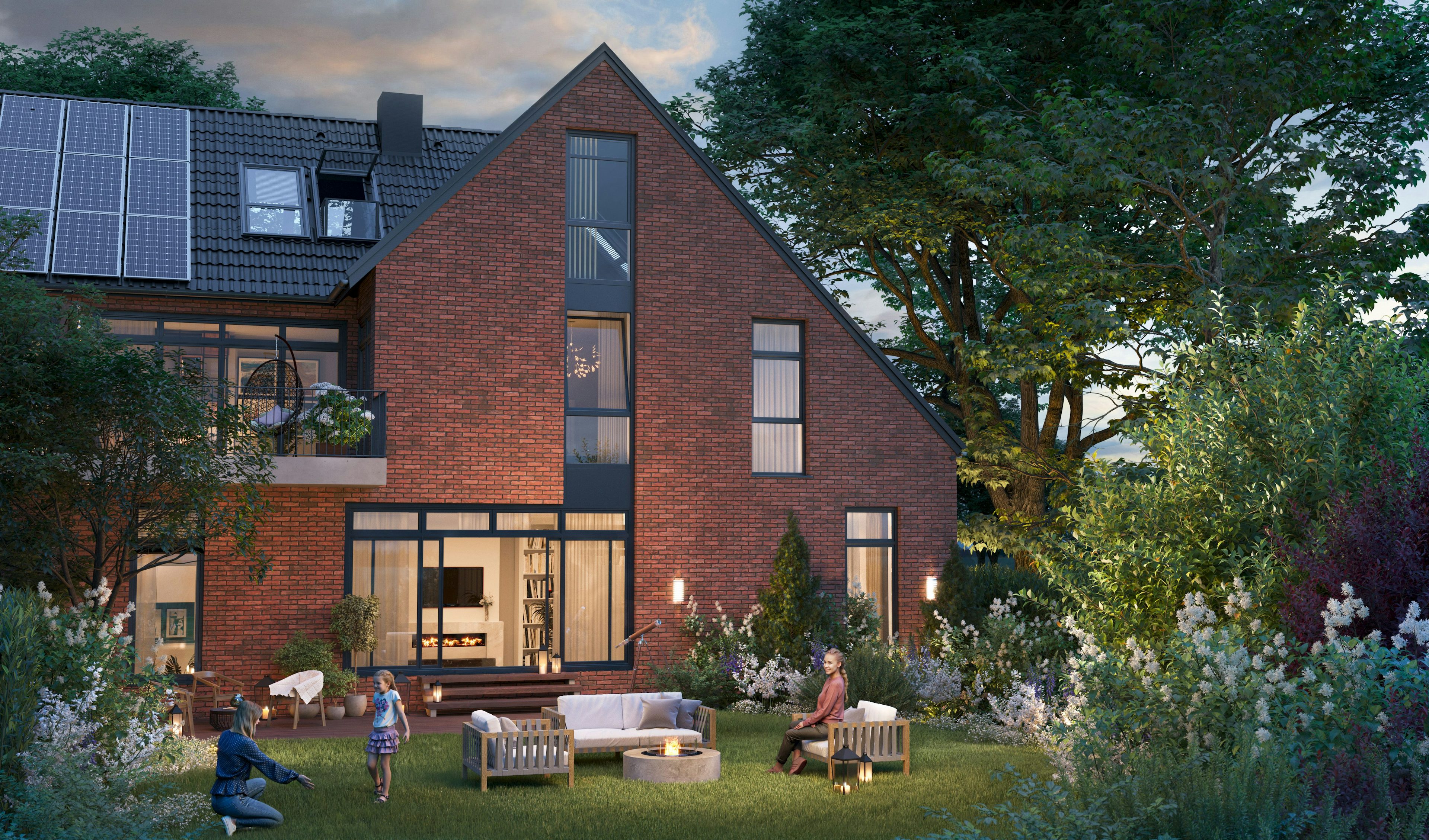 3D Exterior Visualization of a one half family house with a garden, Hamburg Germany