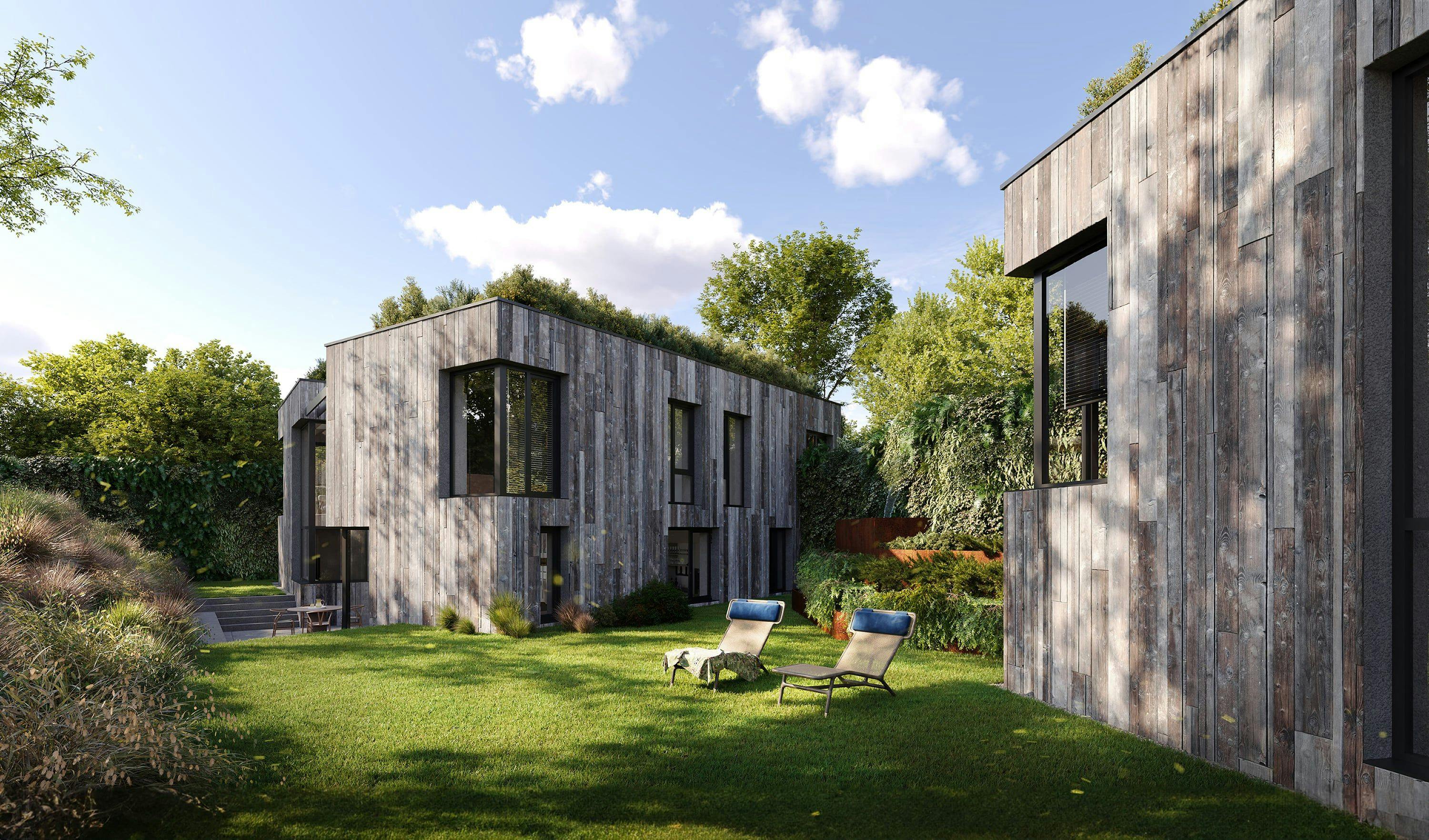 3D Außenvisualisierung eines luxuriösen Einfamilienhauses mit Garten Berlin, Deutschland