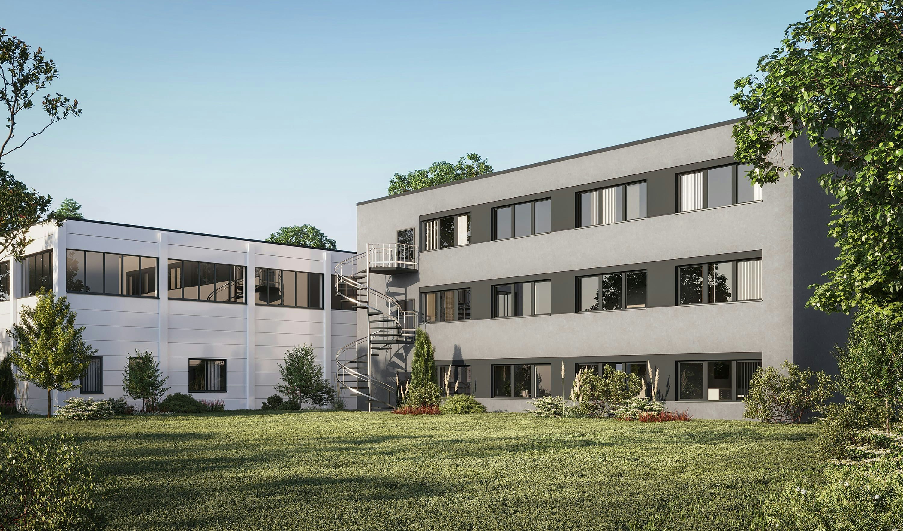 3D architectural visualization of renovation of the office building with backyard in Lemgo, Germany